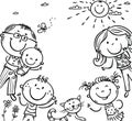 Cartoon happy cute doodle family banner or frame, outline stick figure