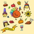 Cartoon happy cute thanksgiving symbols and icons outlined. Turkey bird, native americans, meal, pumpking, autumn leaves. Design