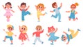 Cartoon happy dancing and jumping kids boys and girls. Children dance party joy. Ballet and aerobics poses. Kid