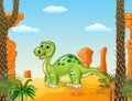 Cartoon happy dinosaur with prehistoric background
