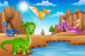 Cartoon happy dinosaurs living in the desert