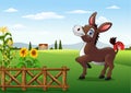 Cartoon happy donkey with farm background