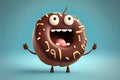 Cartoon happy donut character in chocolate. Ai generative