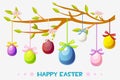 Cartoon Happy Easter Illustration, Greeting Card Hanging Eggs On A Tree Branch