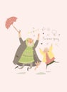 Cartoon Happy Elderly Couple enjoying Rain. Valentines Card