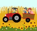 Cartoon of happy elderly farmer driving a tractor with kids and bales of straw on a trailer with wheat flied Royalty Free Stock Photo