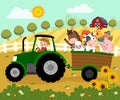 Cartoon of happy elderly farmer driving a tractor with a trailer carrying farm animals on the farm