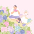 Cartoon Happy Family enjoying Picnic in Hydrangea Bushes