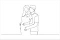 Cartoon of happy family expecting baby. Single continuous line art style