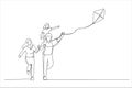 Cartoon of happy family father of mother and child daughter launch a kite on nature. Single continuous line art style