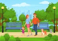 Cartoon happy family with kids walking in city park. Father, mother and daughter spending time outdoor in summer park Royalty Free Stock Photo