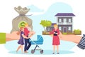 Cartoon happy family near new housing, buy house, vector illustration. People made real estate purchase transaction with