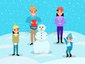 Cartoon happy family playing snowballs snowman Royalty Free Stock Photo