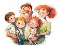 Cartoon happy family portrrait. Mother, father, sons and daughter. Digital illustration. Watercolor stylized Royalty Free Stock Photo