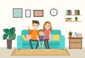 Cartoon happy family stay home on sofa in the living room