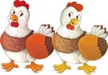 Cartoon happy farm animals - cheerful hens are doing something smiling and looking isolated illustration for children