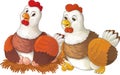 Cartoon happy farm animals - cheerful hens are doing something smiling and looking isolated illustration for children