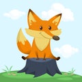 Cartoon happy fox sitting on tree stump. Vector illustration. Royalty Free Stock Photo