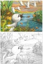 Cartoon happy and funny farm scene with happy bird duck sketchbook illustration Royalty Free Stock Photo