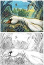 Cartoon happy and funny farm scene with happy bird swan sketchbook illustration Royalty Free Stock Photo