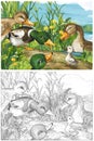 Cartoon happy and funny farm scene with happy birds ducks sketchbook illustration