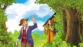 Cartoon happy and funny farm scene with father waving for goodbye to daughter - going somewhere