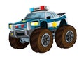 Cartoon happy and funny off road police car looking like monster truck - smiling vehicle