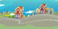 Cartoon happy and funny scene of the middle of a city and sea in the background for different usage - illustration for children