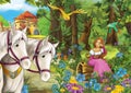 Cartoon happy and funny scene of woman in the forest with her horses near the castle