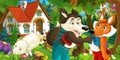 Cartoon scene with happy and funny sheep running jumping near farm house and wolf is looking at fox in the forest Royalty Free Stock Photo