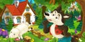 Cartoon scene with happy and funny sheep running jumping near farm house and wolf is looking in the forest Royalty Free Stock Photo