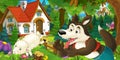 Cartoon scene with happy and funny sheep running jumping near farm house and wolf is looking in the forest Royalty Free Stock Photo