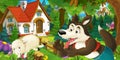 Cartoon scene with happy and funny sheep running jumping near farm house and wolf is looking in the forest