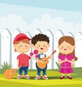 Cartoon happy girl and boy with flowers and other boy playing guitar, colorful design Royalty Free Stock Photo