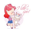 Cartoon happy girl kissing and strongly cuddling cat