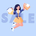 Cartoon happy girl with long hair with shopping bags, Sale for modern happy woman, jumping for joy isolated on Royalty Free Stock Photo