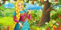 Cartoon happy girl under apple tree near the meadow Royalty Free Stock Photo