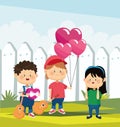Cartoon happy girls and boys with balloons and guitars over white fence background