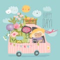 Cartoon happy grandmother driving a car with flowers