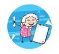 Cartoon Happy Granny with Paper Banner and Document Vector Illustration