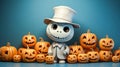 Cartoon happy Halloween with cute skeleton and jack o lantern pumpkins on blue background Royalty Free Stock Photo