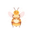 Cartoon happy honeybee with pollen in flat style. Honey bee vector personage isolated design. Child character Royalty Free Stock Photo