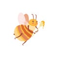 Cartoon happy honeybee with spoon with honey in flat style. Child character for logo and emblem Royalty Free Stock Photo