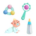 Cartoon happy infancy set. Baby boy with dummy crawl, feed bottle with milk and different rattles.