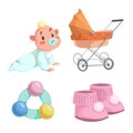 Cartoon happy infancy set. Baby boy with dummy crawl, orange bed pram, circle rattle with colorful balls and baby booties.