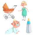 Cartoon happy infancy set. Mother, baby boy with dummy crawl, feed bottle with milk and orange bed pram. Royalty Free Stock Photo