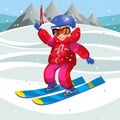 Cartoon happy kid learning how to ski on holiday