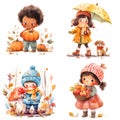 Cartoon happy kids activities during the autumn seasons. Watercolor illustrations, children clipart Royalty Free Stock Photo