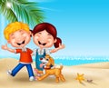 Cartoon happy kids on the beach