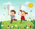 A cartoon of happy kids catching bugs in the field Royalty Free Stock Photo